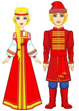 Eski Rus giysili bir aile portresi. Masal karakteri. Tam büyüme. Beyaz bir arka plan üzerinde izole vektör çizim.