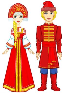 Eski Rus giysili bir aile portresi. Masal karakteri. Tam büyüme. Beyaz bir arka plan üzerinde izole vektör çizim.