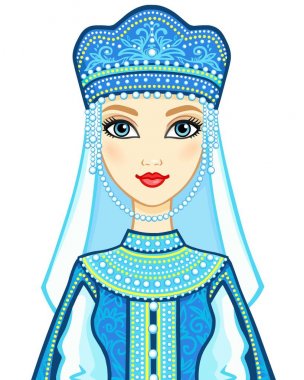 Eski giysiler içinde Rus Prenses animasyon portresi. Beyaz bir arka plan üzerinde izole vektör çizim.