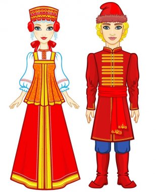 Animasyon eski Rus giysili bir aile portresi. Tam büyüme. Beyaz bir arka plan üzerinde izole vektör çizim.