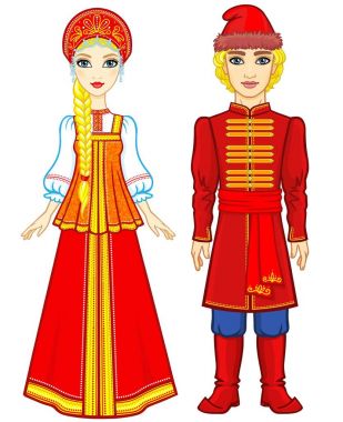 Animasyon eski Rus giysili bir aile portresi. Tam büyüme. Beyaz bir arka plan üzerinde izole vektör çizim.