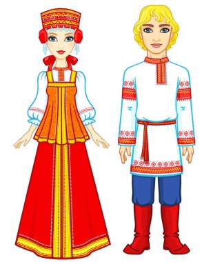 Animasyon eski Rus giysili bir aile portresi. Tam büyüme. Beyaz bir arka plan üzerinde izole vektör çizim.