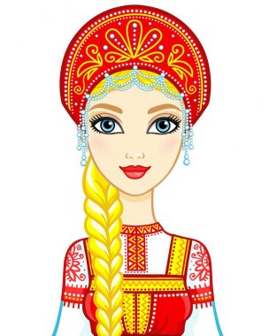 Animation portrait of the Russian girl in ancient clothes.  Vector illustration isolated on a white background. clipart