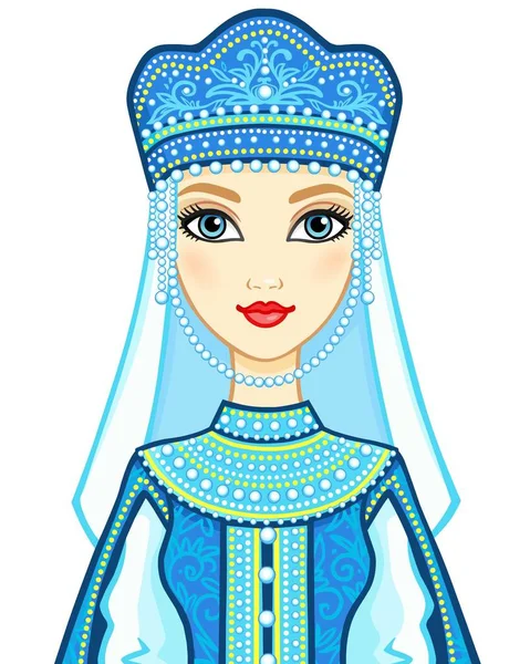 Animasi potret putri Rusia dalam pakaian kuno. Ilustrasi vektor diisolasi pada latar belakang putih . - Stok Vektor