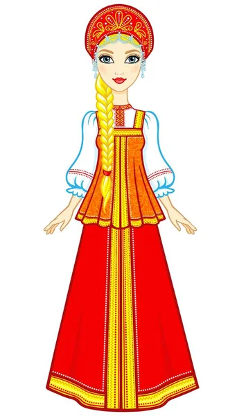 Eski giysileri Rus kızı animasyon portresi. Beyaz bir arka plan üzerinde izole vektör çizim.