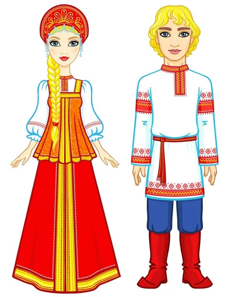 Retrato de animación de una familia vestida con ropas rusas antiguas. Crecimiento total. Ilustración vectorial aislada sobre fondo blanco . — Vector de stock