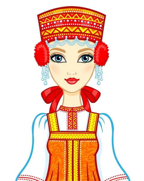 Retrato de animação da menina russa na roupa antiga. Ilustração vetorial isolada sobre fundo branco . — Vetor de Stock
