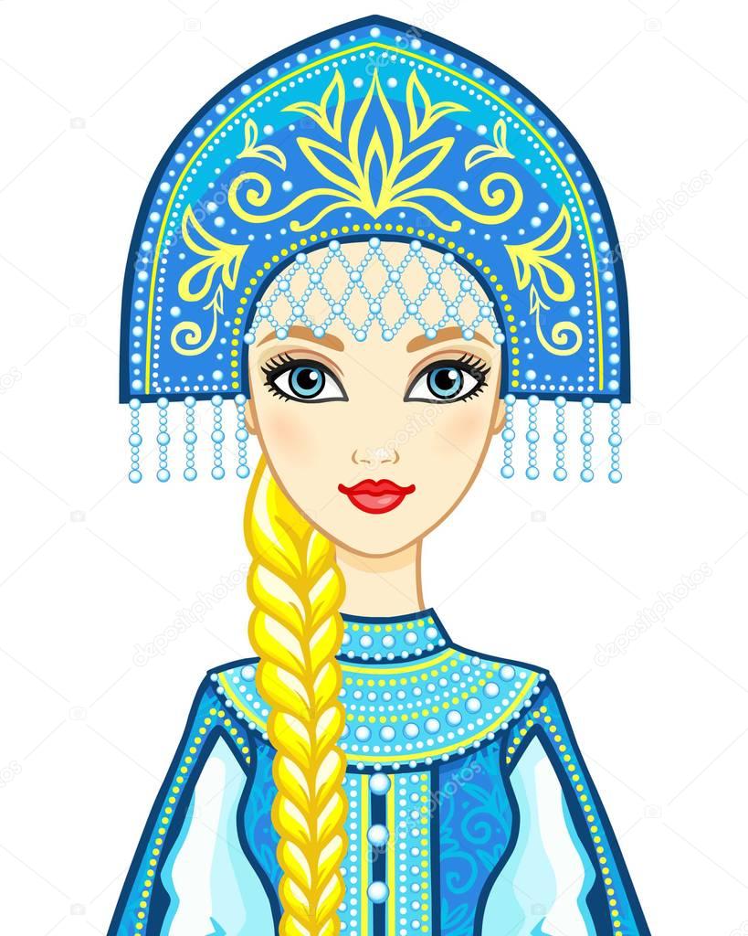 Animation portrait of the Russian princess in ancient clothes.  Snow Maiden, Vasilisa, character of the fairy tale. Vector illustration isolated on a white background.