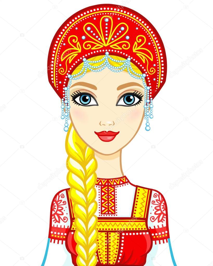 Animation portrait of the Russian girl in ancient clothes.  Vector illustration isolated on a white background.