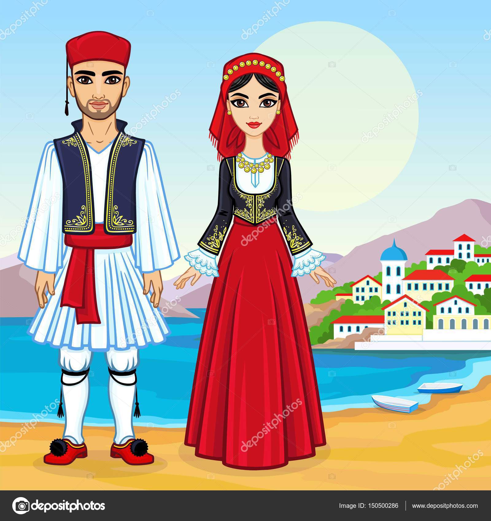 Animation portrait of a family in ancient Greek clothes. Full growth.  Background - a sea landscape, mountains, the old city port. Vector  illustration. Stock Vector Image by ©Roomyana #150500286