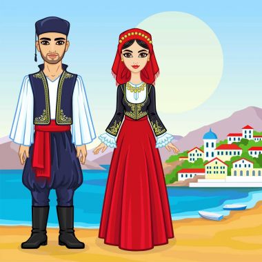 Animasyon antik Yunan giysili bir aile portresi. Tam büyüme. Arka plan - bir deniz manzarası, dağlar, eski şehir bağlantı noktası. Vektör çizim.