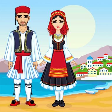 Animasyon antik Yunan giysili bir aile portresi. Tam büyüme. Arka plan - bir deniz manzarası, dağlar, eski şehir bağlantı noktası. Vektör çizim.