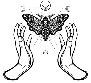 İnsan elinin bir güve ölü kafa tutun. Ayın sembolleri. Tasavvuf, ezoterik, büyü. Kutsal geometri. Boyama kitabı. Beyaz bir arka plan üzerinde izole vektör çizim.