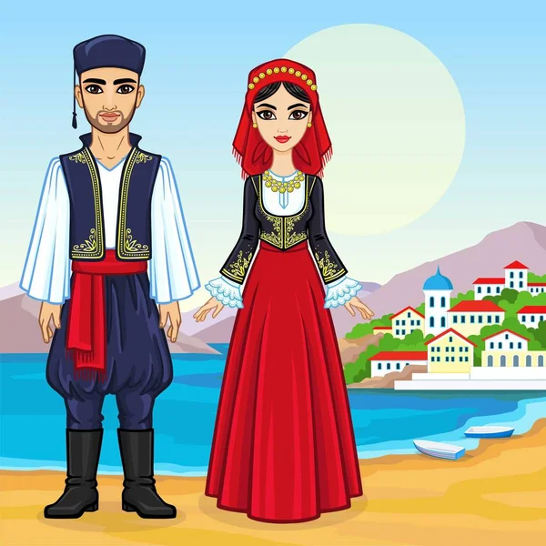 Animation portrait of a family in ancient Greek clothes. Full growth.  Background - a sea landscape, mountains, the old city port. Vector illustration. — Stock Vector