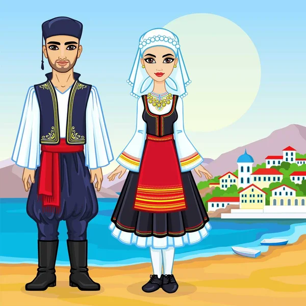 Animation πορτρέτο μιας οικογένειας στην αρχαία ελληνικά ρούχα. Πλήρης ανάπτυξη. Φόντο - θαλασσινό τοπίο, βουνά, το παλιό λιμάνι της πόλης. Εικονογράφηση διάνυσμα. — Διανυσματικό Αρχείο