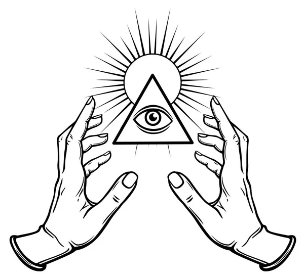 Le mani umane tengono il triangolo lucente un simbolo di occhi. Libro da colorare. Illustrazione vettoriale isolata su sfondo bianco . — Vettoriale Stock