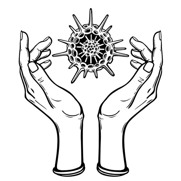 Image les mains stylisées tiennent un squelette de radiolaria. Livre à colorier. Illustration vectorielle isolée sur fond blanc . — Image vectorielle