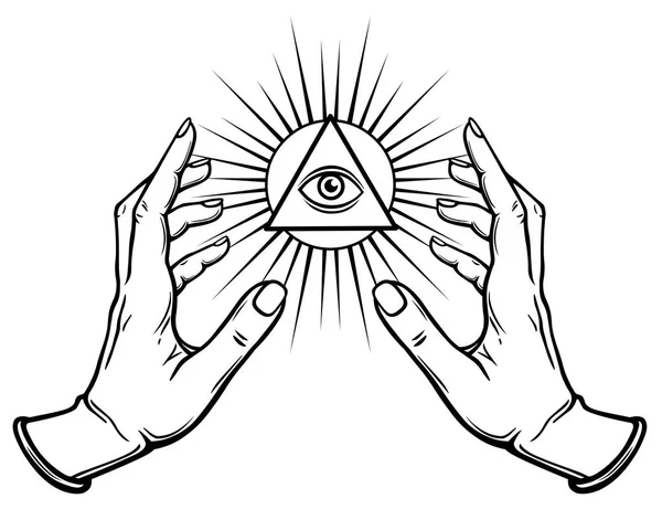 Человеческие руки держат сияющий треугольник символом глаз. Раскраска. Векторная иллюстрация на белом фоне . — стоковый вектор