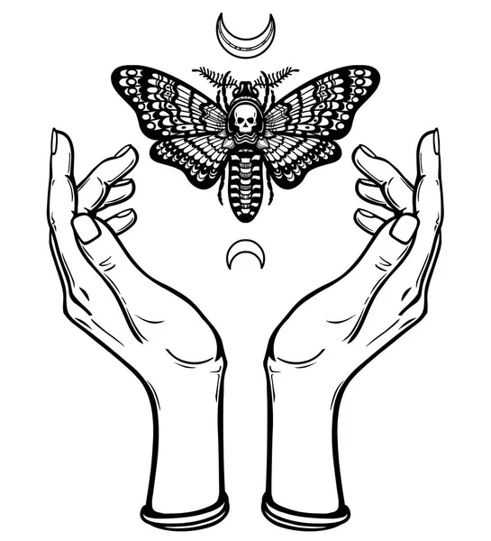 Les mains humaines tiennent un papillon de nuit la Tête Morte. Symboles de la lune. Mysticisme, ésotérisme, magie. Livre à colorier. Illustration vectorielle isolée sur fond blanc . — Image vectorielle
