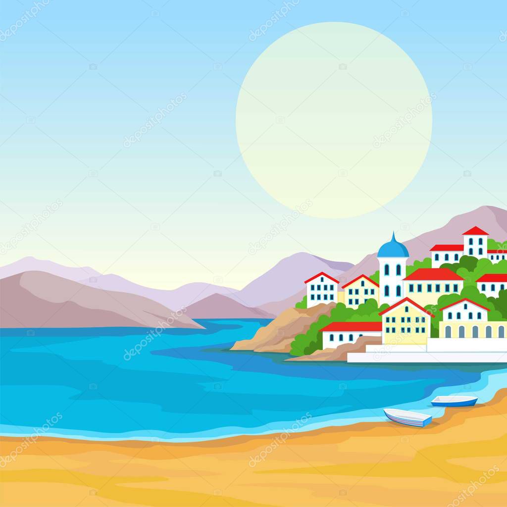 Animation landscape: sea coast, mountains, ancient city port. The place for the text. Vector illustration.