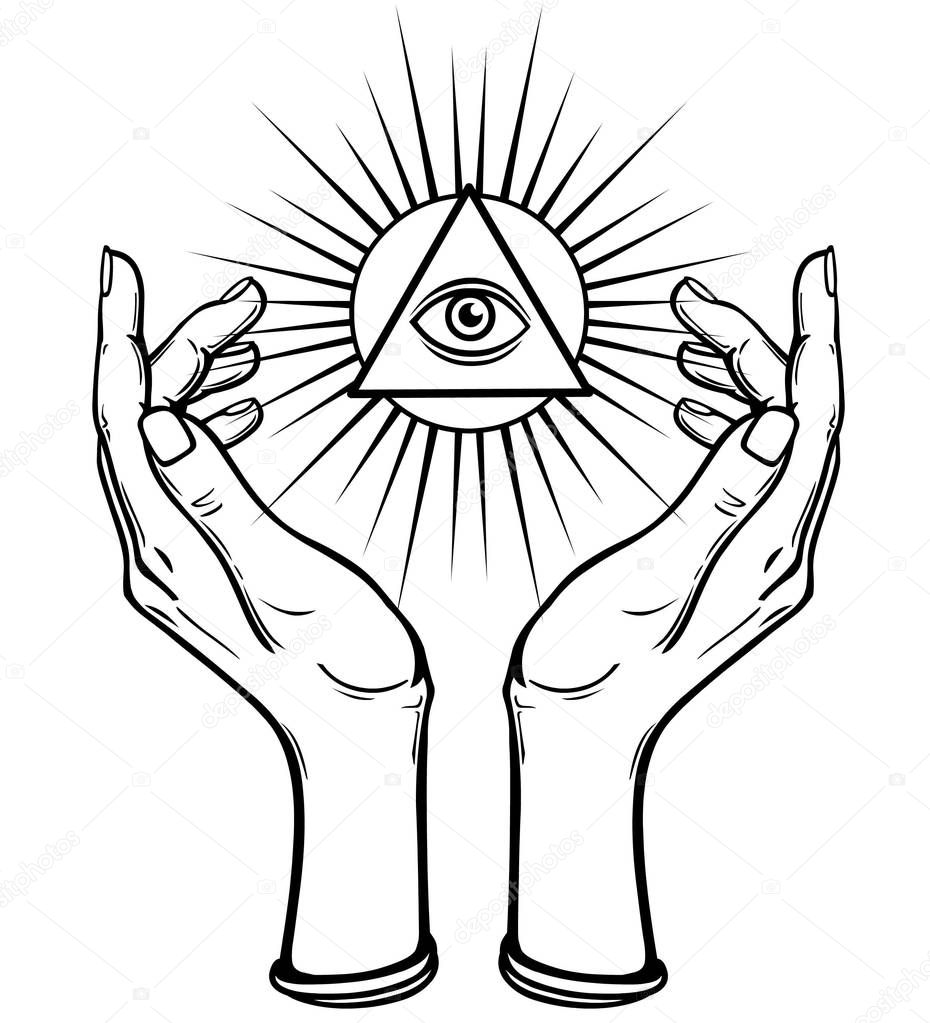 Human hands hold the shining triangle a symbol of eyes. Coloring book. Vector illustration isolated on a white background.