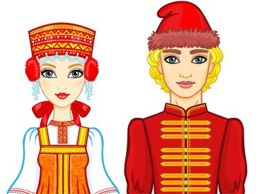 Animasyon eski Rus giysili bir aile portresi. Beyaz bir arka plan üzerinde izole vektör çizim.