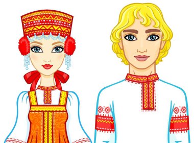 Animasyon eski Rus giysili bir aile portresi. Beyaz bir arka plan üzerinde izole vektör çizim.