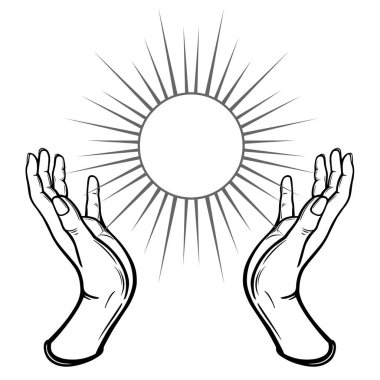 İnsan eli parlayan güneşin sembolü tutun. Beyaz bir arka plan üzerinde izole vektör çizim.