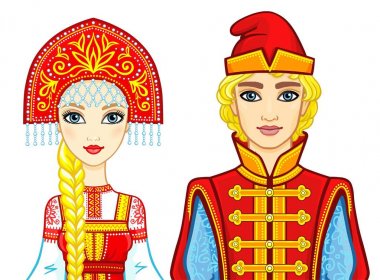Animasyon eski Rus giysili bir aile portresi. Beyaz bir arka plan üzerinde izole vektör çizim.
