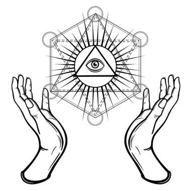İnsan eli parlayan üçgen, providence göz tutun. Kutsal geometri, mistik sembol. Beyaz bir arka plan üzerinde izole vektör çizim.