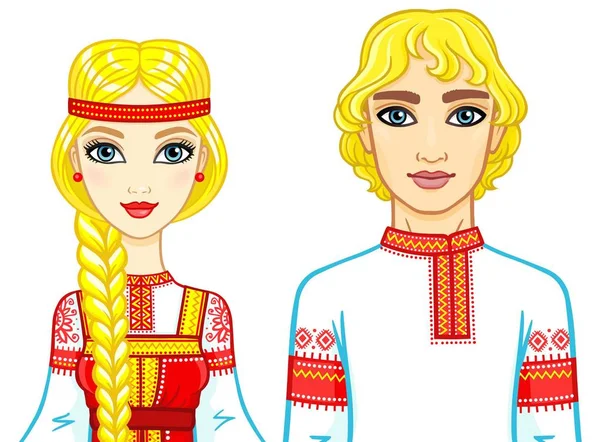 Animationsporträt einer Familie in altrussischer Kleidung. Vektor-Illustration isoliert auf weißem Hintergrund. — Stockvektor