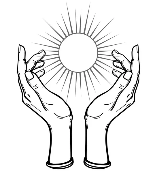 Tangan manusia memegang simbol matahari yang bersinar. Ilustrasi vektor diisolasi pada latar belakang putih . - Stok Vektor