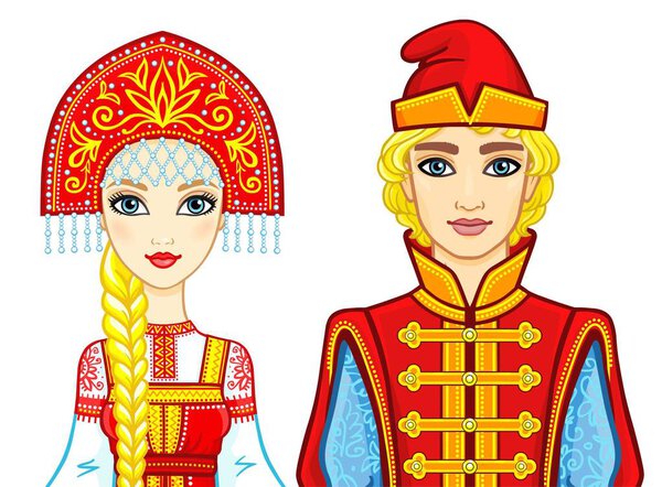 Animation portrait of a family in ancient Russian clothes. Vector illustration isolated on a white background.