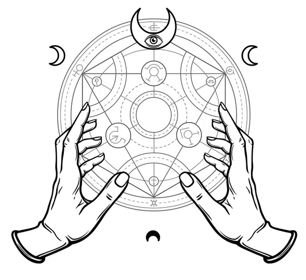 Menselijke handen aanraken een alchemistische cirkel. Mystieke symbolen, heilige geometrie. Vectorillustratie geïsoleerd op een witte achtergrond. — Stockvector