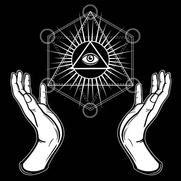 Human hands hold the shining triangle, a providence eye. Sacred geometry, mystical symbol. Vector illustration isolated on a black background. — Stock Vector