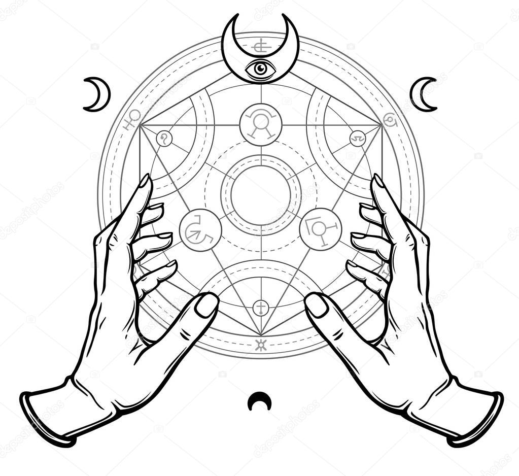 Human hands touch an alchemical circle. Mystical symbols, sacred geometry. Vector illustration isolated on a white background.