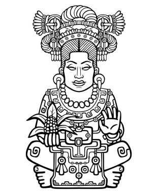 Pagan tanrıçası portresi animasyon sanat nedenleri üzerinde Kızılderili dayalı. Beyaz bir arka plan üzerinde izole tek renkli doğrusal çizim. Vektör çizim.