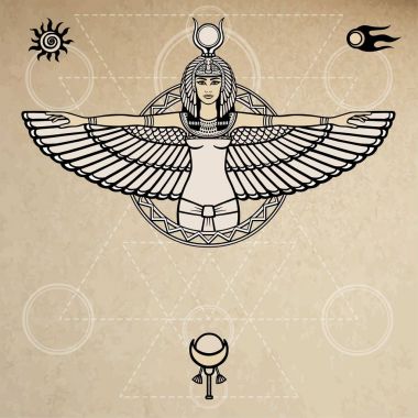 Animation portrait of the ancient Egyptian winged goddess.  Space symbols. Sacred geometry. Vector illustration. A background - imitation of old paper. The place for the text. clipart