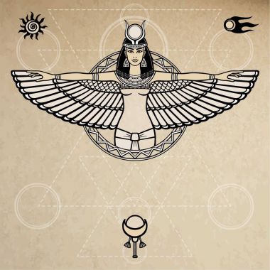Antik Mısır portresi animasyon Tanrıça kanatlı. Alanı simgeler. Kutsal geometri. Vektör çizim. Arka plan - taklit eski kağıt. Metin için yer.
