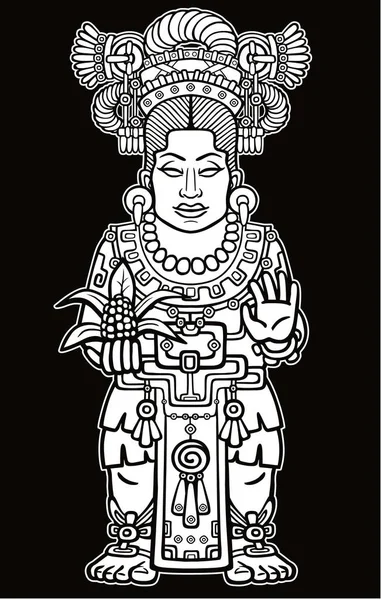 異教の女神のアニメーションの肖像画はインディアン芸術の動機に基づいています。モノクロ図面が黒い背景に分離されました。ベクトル図. — ストックベクタ