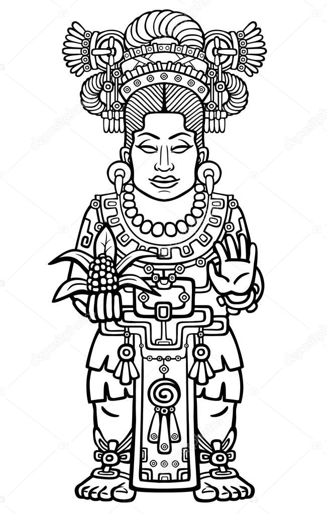 Animation portrait of the pagan goddess  based on motives of art Native American Indian. Monochrome linear drawing isolated on a white background. Vector illustration.