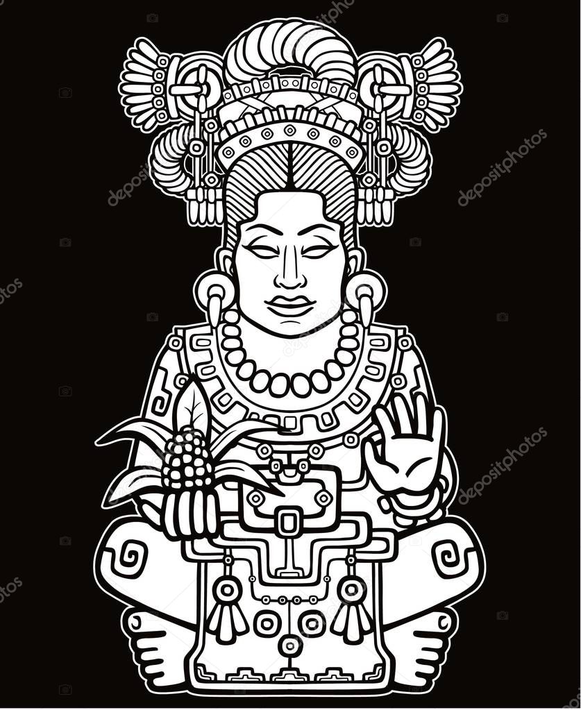 Animation portrait of the pagan goddess  based on motives of art Native American Indian. Monochrome drawing isolated on a black background. Vector illustration.