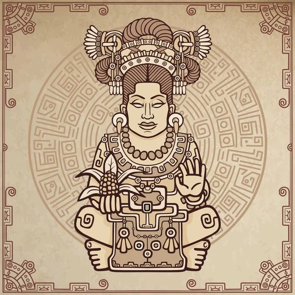 Portrét animace pohanské bohyně založené na motivy umění rodilý Američan indické. Pozadí - imitace starého papíru, dekorativní rámeček, magický kruh. Barva — Stockový vektor