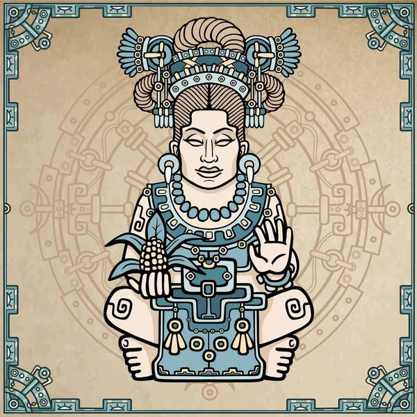 Retrato de animação da deusa pagã baseado em motivos de arte índio-americano nativo. Fundo - imitação de velho papel, uma armação decorativa, um círculo mágico. Ilustração vetorial de cores . —  Vetores de Stock