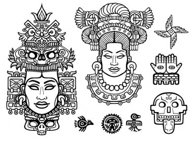 Sanat Kızılderili nedenleri üzerinde dayalı grafik öğeleri kümesi. Animasyon görüntüler eski Tanrılar, idoller, Tanrı stilize. Beyaz bir arka plan üzerinde izole doğrusal çizim. Vektör çizim.