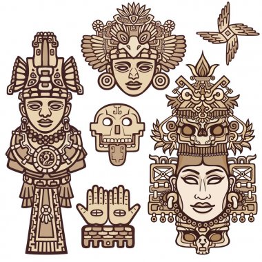 Set of graphic elements based on motives of art Native American Indian.  Animation stylized images of ancient gods, idols, leaders. Color drawing isolated on a white background. Vector illustration. clipart