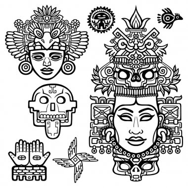 Sanat Kızılderili nedenleri üzerinde dayalı grafik öğeleri kümesi. Animasyon görüntüler eski Tanrılar, idoller, Tanrı stilize. Beyaz bir arka plan üzerinde izole doğrusal çizim. Vektör çizim.