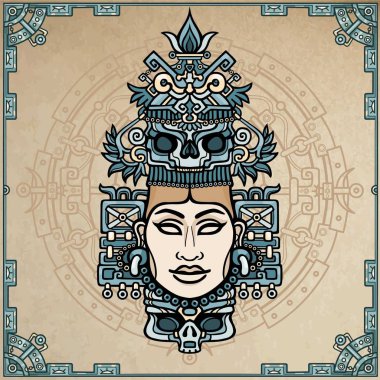 Pagan tanrıçası portresi animasyon sanat nedenleri üzerinde Kızılderili dayalı. Renkli dekoratif çizim. Vektör çizim. Arka plan - eski kağıt, sihirli bir daire imitasyon.