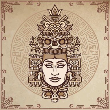 Pagan tanrıçası portresi animasyon sanat nedenleri üzerinde Kızılderili dayalı. Renkli dekoratif çizim. Vektör çizim. Arka plan - eski kağıt, sihirli bir daire imitasyon.