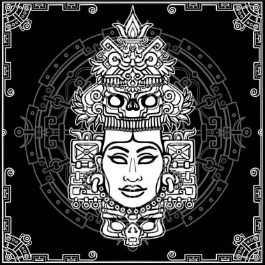 Animation portrait of the pagan goddess  based on motives of art Native American Indian.   Monochrome decorative drawing. Vector illustration. Background - a decorative frame, a magic circle. clipart